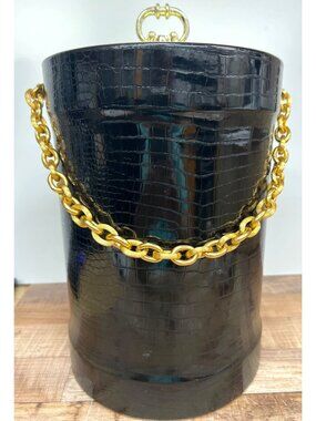 Vintage Black Faux Crocodile Ice Bucket With Gold Chain Handle And Lid Retro